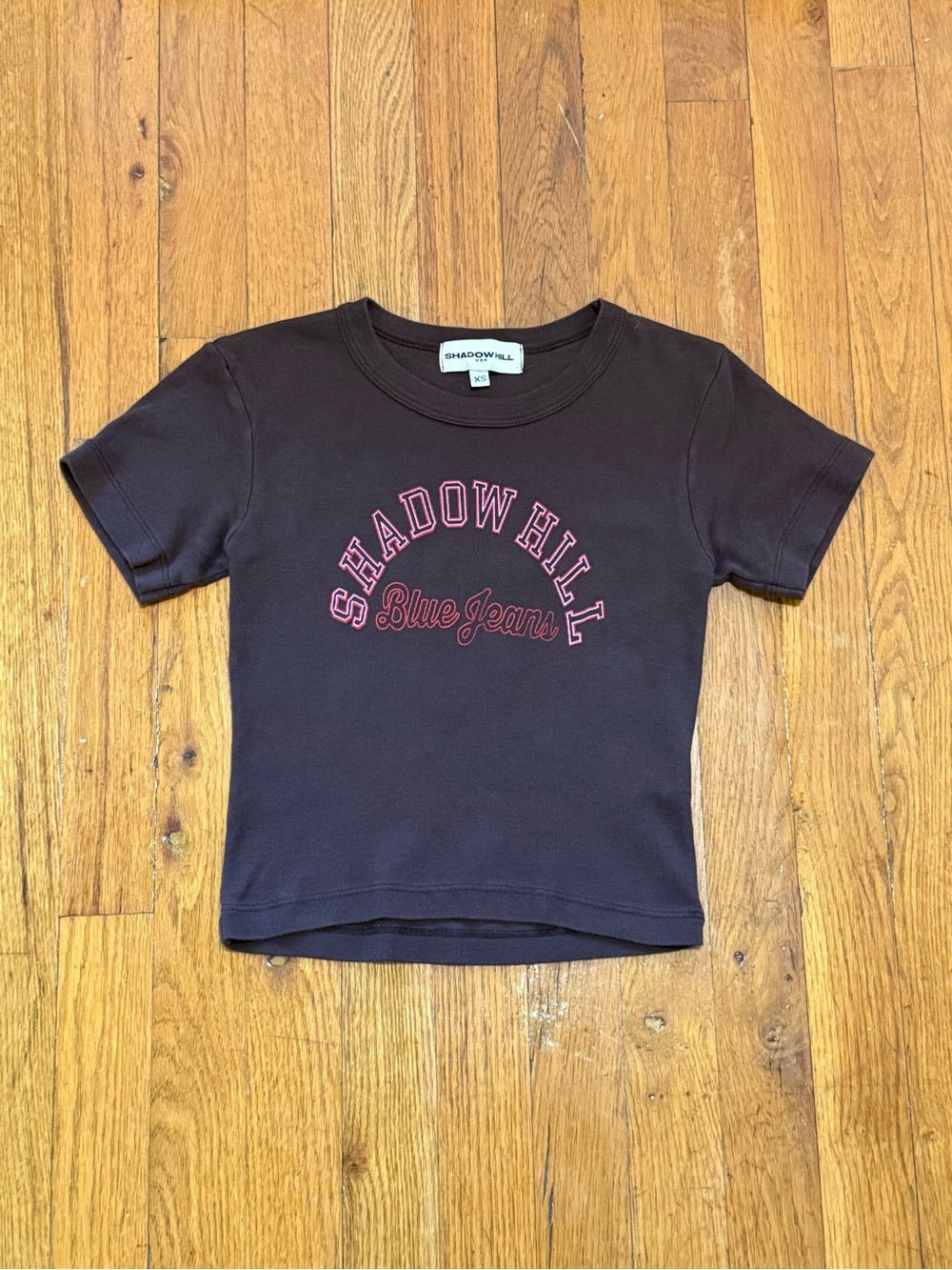 Shadow Hill mocha baby tee with hot pink/red logo